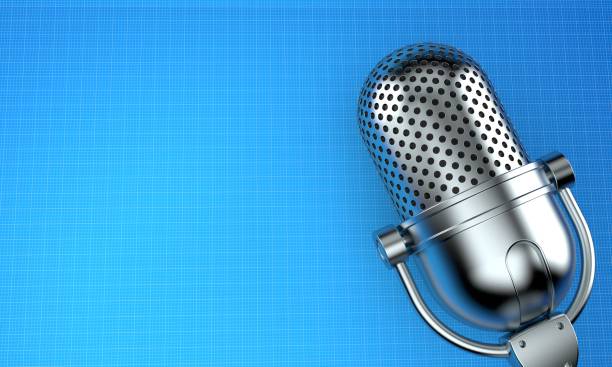 Radio microphone Radio microphone on blueprint background. 3d illustration podcasting photos stock pictures, royalty-free photos & images