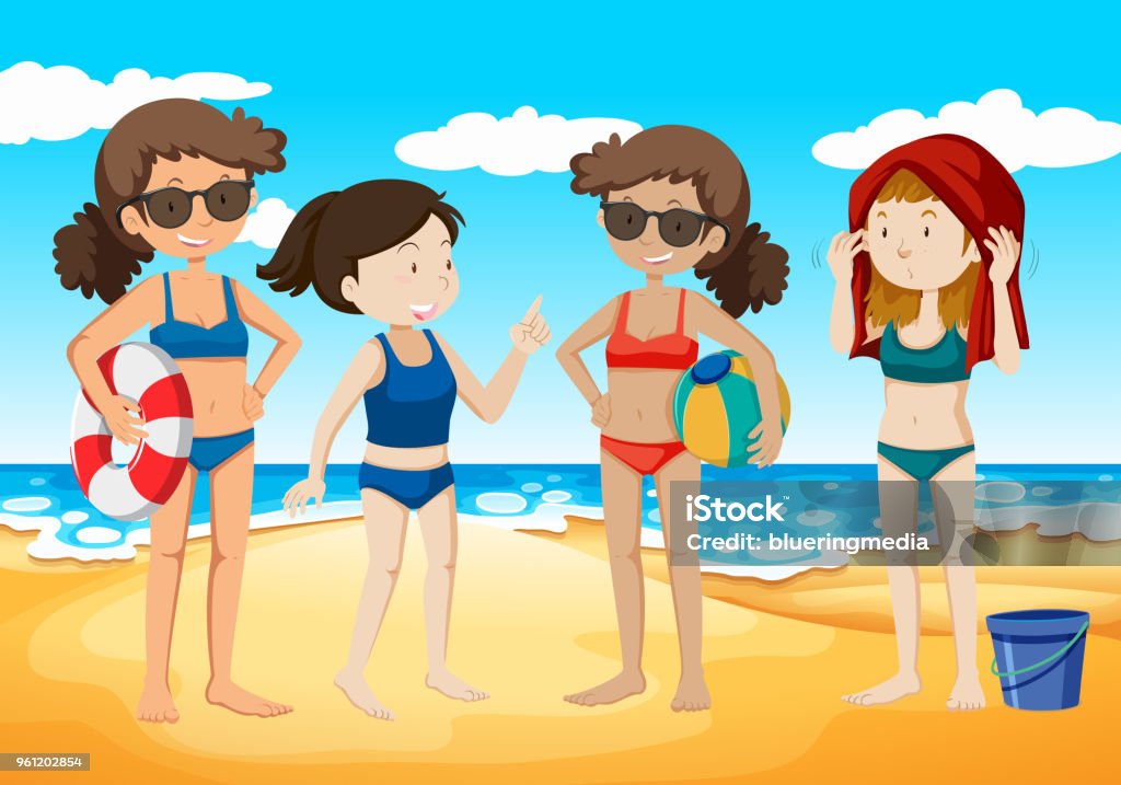 Young Girls at the Beach Young Girls at the Beach illustration Art stock vector