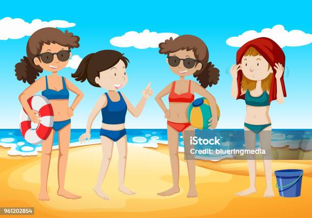 Young Girls At The Beach Stock Illustration - Download Image Now - Art, Beach, Beauty