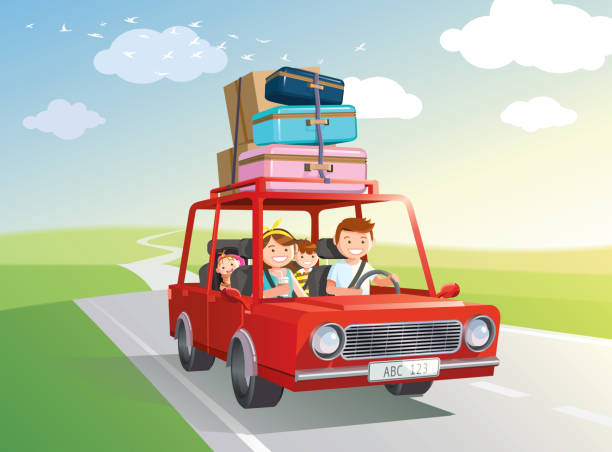 ilustraciones, imágenes clip art, dibujos animados e iconos de stock de viaje familiar. viajar en coche con niños. vector, ilustración. - viajes familiares