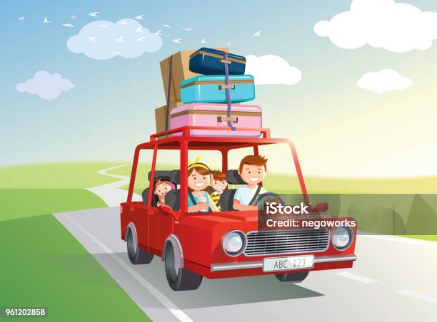 Family Road Trip Travel By Car With Kids Vector Illustration Stock Illustration - Download Image Now