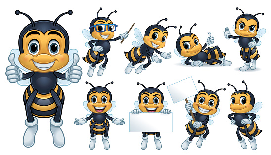Design of bee characters with 9 poses, vector eps 10 format.