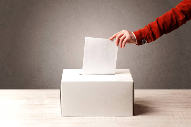 istock Ballot box with person casting vote 961207222
