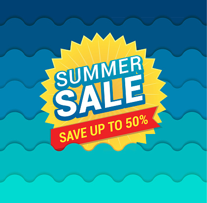 Vector illustration of the summer sale tag on the waves background.