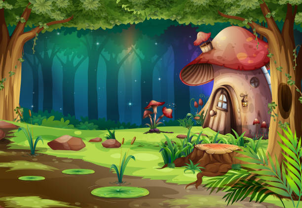 bildbanksillustrationer, clip art samt tecknat material och ikoner med svamp hus i mörka skogen - australia forest background