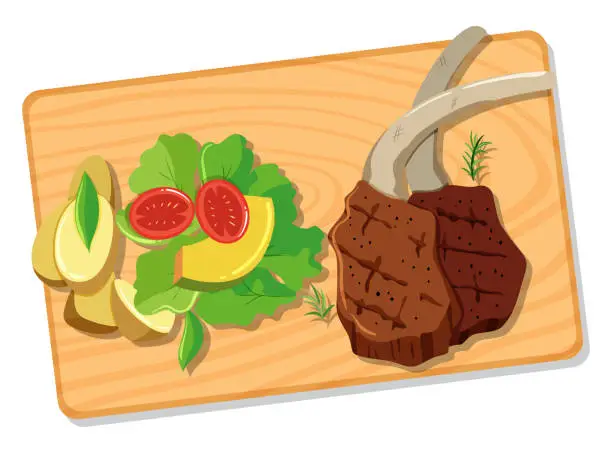 Vector illustration of Stake and Salad on Board