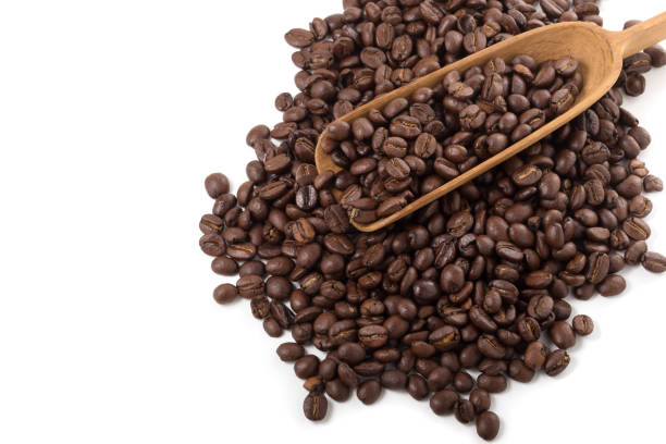 istock Roasted coffee beans in a wooden spoon isolated on a white background 961227094