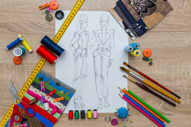 istock Creative Fashion Design desk with sketch and accessories 961228228