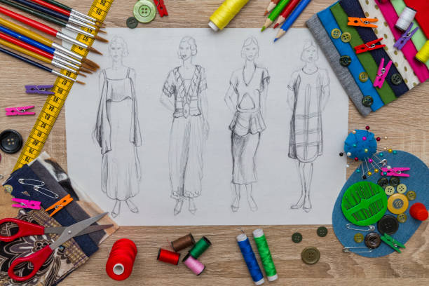 istock Creative Fashion Design desk with sketch and accessories 961230820