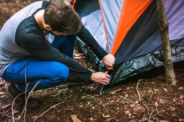 友達の森でキャンプを一緒に - キャンプ　準備 ストックフォトと画像