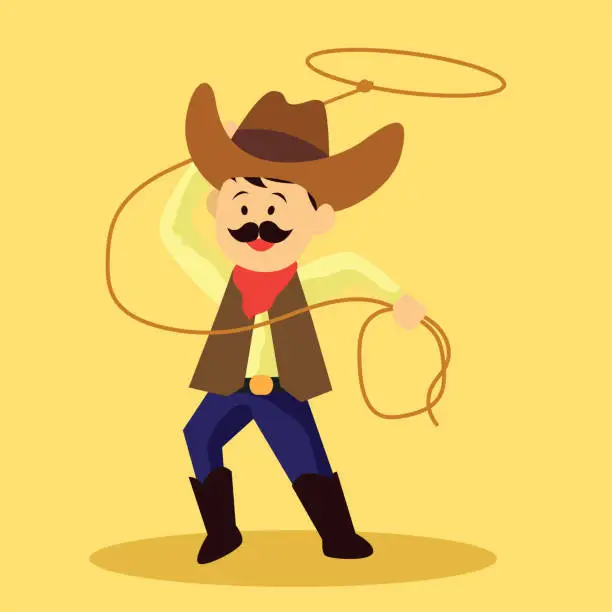 Vector illustration of cowboy throws a lasso for rodeo western design
