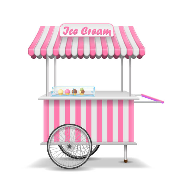 illustrations, cliparts, dessins animés et icônes de chariot de nourriture de rue réaliste avec des roues. modèle de stall marché mobile rose ice cream. maquette de magasin de crème glacée kiosque. illustration vectorielle - liquor store