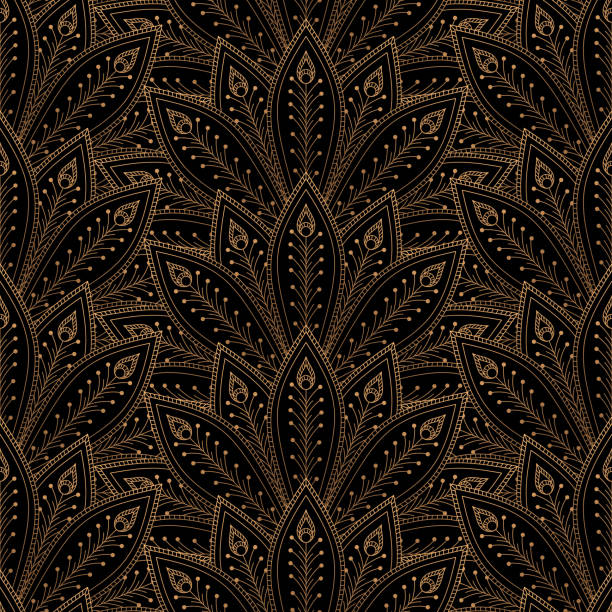Luxury background vector. Peacock feathers fan royal pattern seamless. Golden vintage design for yoga wallpaper, beauty spa salon ornament, bridal shower, indian wedding party, holiday christmas card. Luxury background vector. Peacock feathers fan royal pattern seamless. Golden vintage design for yoga wallpaper, beauty spa salon ornament, bridal shower, indian wedding party, holiday christmas card. filigree illustrations stock illustrations