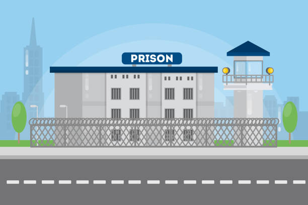 ilustraciones, imágenes clip art, dibujos animados e iconos de stock de edificio en el paisaje urbano de la ciudad de la prisión. - jail