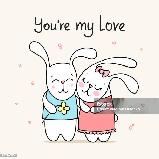 Couple Of Happy Rabbits Hugs And Smiling You Are My Love Cartoon Flat Vector Illustration Card Stock Illustration - Download Image Now