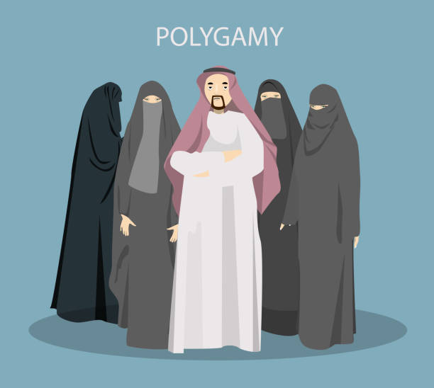 Polygamy concept illustration. Polygamy concept illustration. Arabic man with many women wives in hijab. polygamy stock illustrations