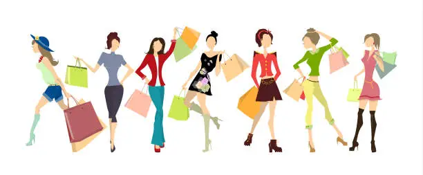 Vector illustration of Shopping women set.