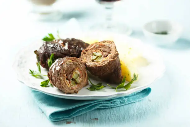 German style beef rolls with bacon, onion and gherkins