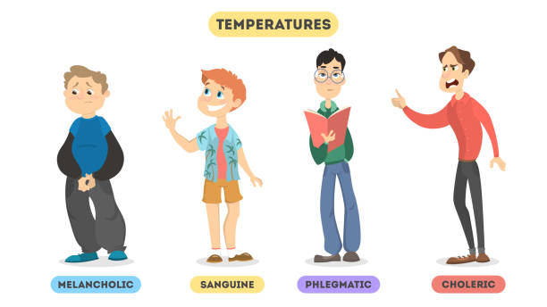 Types of temperaments. Types of temperaments. Sanguine and choleric, phlegmatic and melancholic. child laughing hysterically stock illustrations