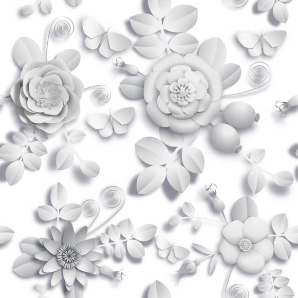 istock Paper craft 3D wild rose flowers, rosehip berries and butterfly seamless pattern. Vector illustration stock image 961269444