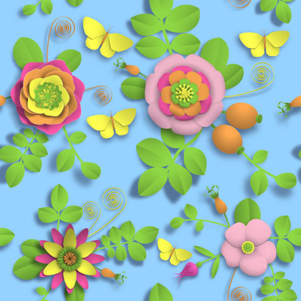 istock Paper craft 3D wild rose flowers, rosehip berries and butterfly seamless pattern. Vector illustration stock image 961269574