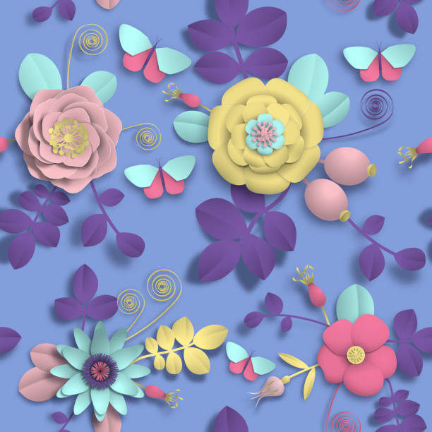 istock Paper craft 3D wild rose flowers, rosehip berries and butterfly seamless pattern. Vector illustration stock image 961269672