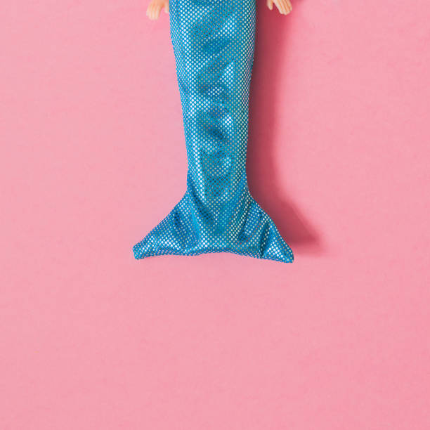 part of the blue mermaid doll on pink background. minimal concept of sea food