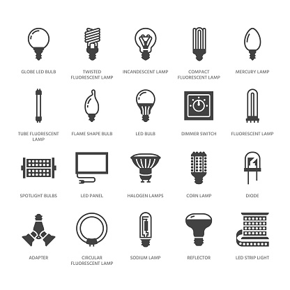 Light bulbs flat glyph icons. Led lamps types, fluorescent, filament, halogen, diode and other illumination. Thin linear signs for idea concept, electric shop. Solid silhouette pixel perfect 64x64.