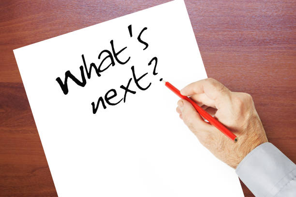 istock Man writes on a paper sheet What is next. Concept of thinking and self knowledge 961279844