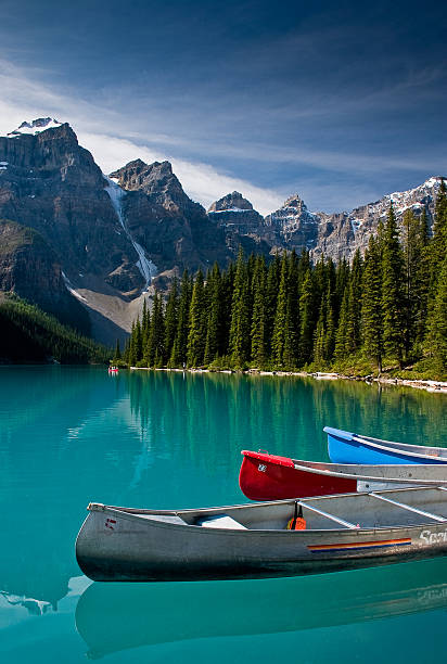 Lake Moraine Summer morning at Lake Moraine. moraine lake stock pictures, royalty-free photos & images