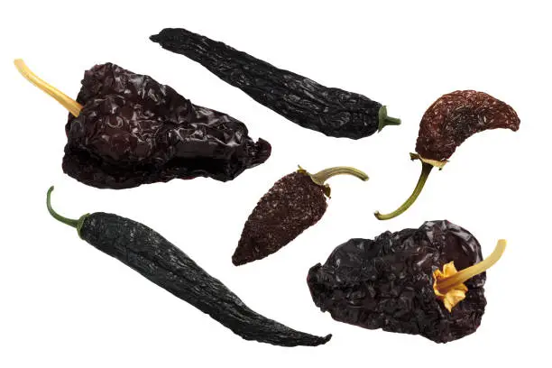 Dried Mexican chile peppers: Pasilla, Ancho Mulato, Chipotle Morita, whole pods