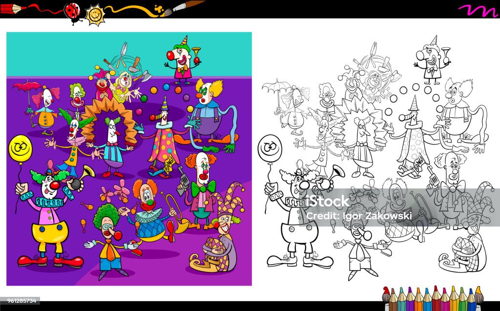 clown characters group coloring book Cartoon Illustration of Clowns Characters Group Coloring Book Activity Circus stock vector