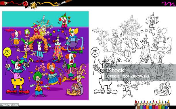 Clown Characters Group Coloring Book Stock Illustration - Download Image Now - Circus, Coloring, Activity