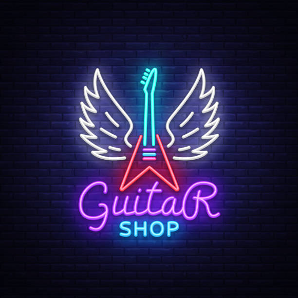 Enseigne Lumineuse Au Néon Ouverte Avec Guitare, Musique Rock And Roll