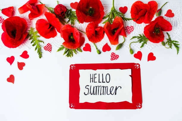 istock Hello summer card with poppy flowers 961289478