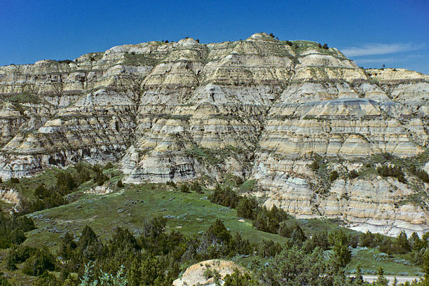 Badland Hillside Theodore Roosevelt National Park lies where the Great Plains meet the rugged Badlands near Medora, North Dakota, USA. The park's 3 units, linked by the Little Missouri River is a habitat for bison, elk and prairie dogs. The park's namesake, President Teddy Roosevelt once lived in the Maltese Cross Cabin which is now part of the park. This picture of a classic badland formation was taken from the Caprock Coulee Trail. jeff goulden national park stock pictures, royalty-free photos & images