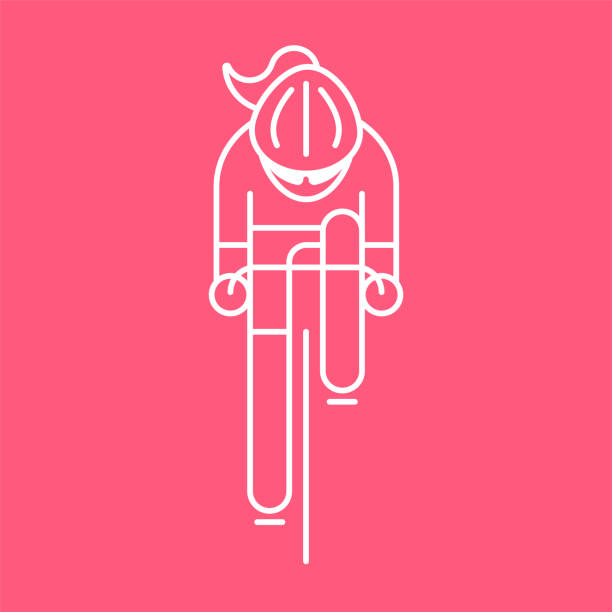 Modern Illustration of woman cyclist Modern Illustration of woman cyclist from front view. White outline female bicyclist isolated on pink background. For use as design element, logo or sticker. Thin line style vector cycle racing stock illustrations