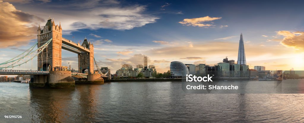 The Tower Bridge to London Bridge during sunset time The skyline of London: from the Tower Bridge to London Bridge during sunset time, United Kingdom London - England Stock Photo