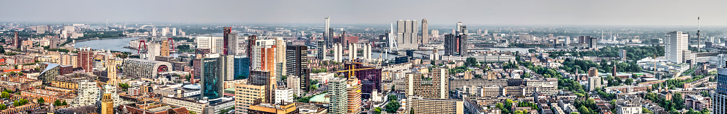 Rotterdam, The Netherlands, May 11, 2018: panoramic view of the city with most of its main landmarks like Erasmusbridge, Markthal and World Trade Center