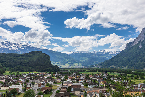 View of the Alps Mountains from the Gutenberg Castle, Liechtenstein. Background with mountains.