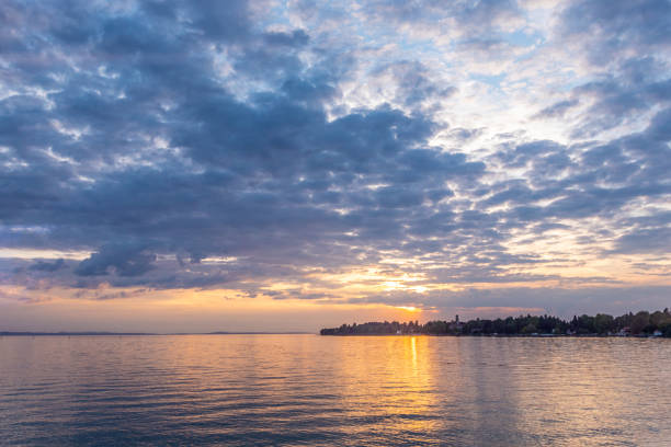 Lindau Bodensee, Island Aerial View. Sunset over the lake
