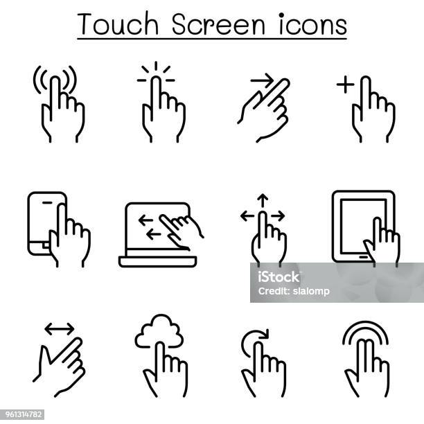 Touch Screen Icon Set In Thin Line Style Stock Illustration - Download Image Now - Touch Screen, Icon Symbol, Portable Information Device