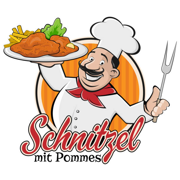 küchenchef serviert deutsche oder österreichische gericht schnitzel mit pommes - österreichische kultur stock-grafiken, -clipart, -cartoons und -symbole