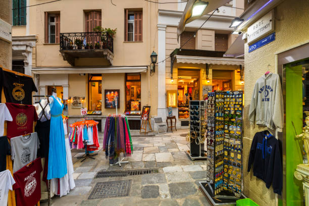 Athens, Greece - May 19, 2018: Tourist shops in the main shopping district of Plaka neighbourhood in Athens, Greece. \