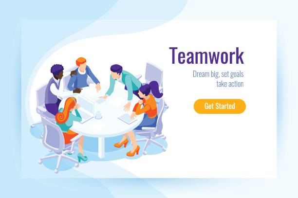 Office achieve goal landing page Office achieve goal, male display office landing page. Office situations for web banner, infographics, hero images. Flat isometric vector illustration isolated on generic background. travel agencies stock illustrations