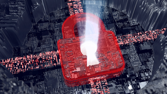 Glowing,  red digital padlock protecting data on a mother board. Antivirus metaphore