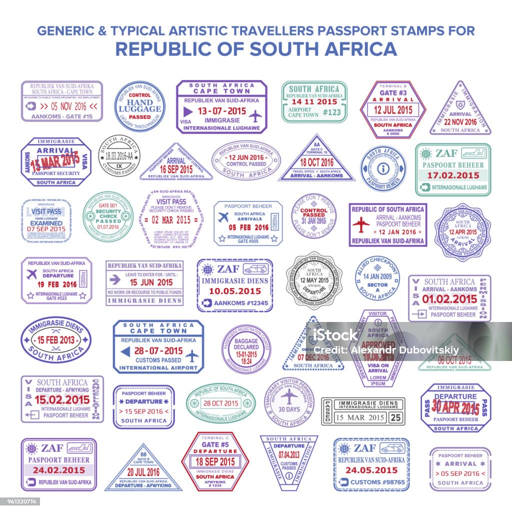 Custom vector typical artistic passport arrival and departure stamps variations set for Republic of South Africa South Africa stock vector