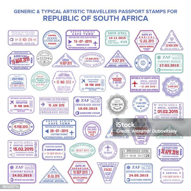 Custom Vector Typical Artistic Passport Arrival And Departure Stamps Variations Set For Republic Of South Africa Stock Illustration - Download Image Now