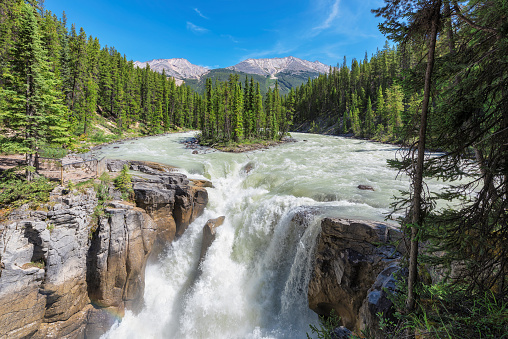 Upper Sunwapta Falls in Jasper National Park, Canada. The water originates from the Athabasca Glacier.