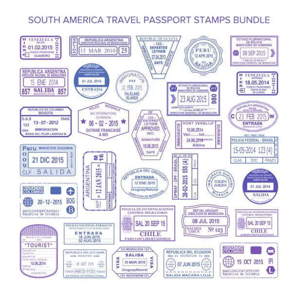 Vector illustration of Vector South America colour travel visa stamps set